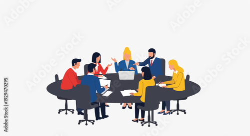 Diverse group of professionals in a modern meeting room discussing ideas around a conference table
