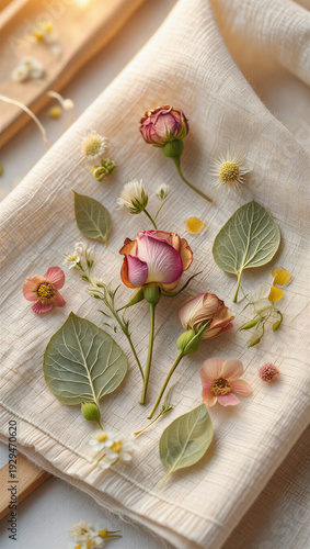 Beautiful dried flowers and green leaves on white linen fabric background with soft morning sunlight for aesthetic lifestyle spa and wellness concept