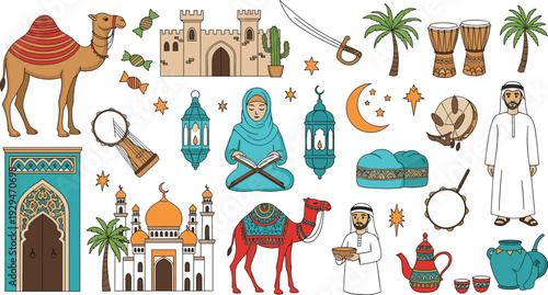 Middle Eastern Culture and Islamic Tradition Vector Set with Camel, Mosque, Lanterns, Crescent Moon, Arabic Man, Palm Tree, Drum, and Tea Pot