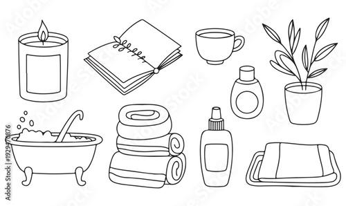 Self Care Wellness Black and White Outline Doodle Vector Set-01.eps