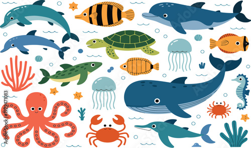 Underwater Sea Animals Illustration Set with Whale Dolphin Shark Fish Octopus and Marine Life Elements