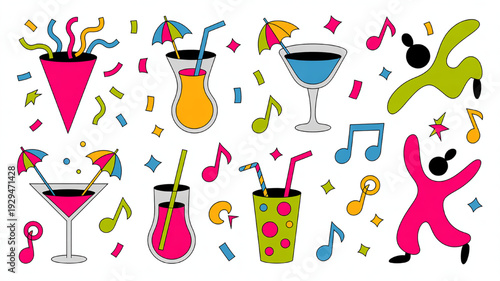 Colorful party elements including cocktails confetti music notes and dancing figures perfect for celebrations and events