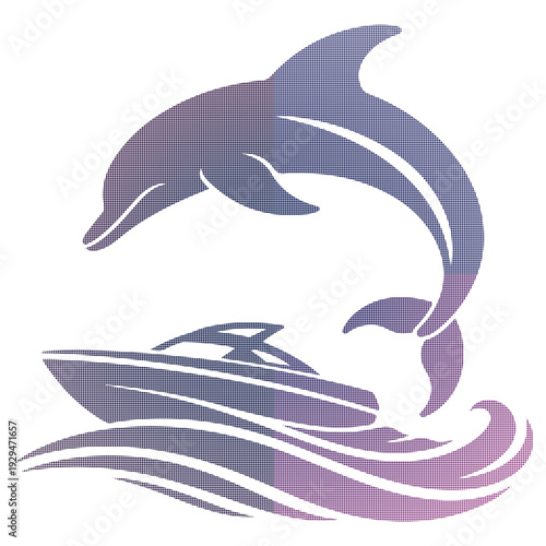 Colorful Dolphin Jumping Over Ocean Waves Halftone Gradient Marine Vector Logo Design.