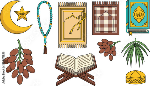 Islamic Ramadan Vector Set with Crescent Moon, Tasbih Beads, Prayer Rug, Quran on Stand, Dates, Palm Leaves, and Traditional Muslim Symbols