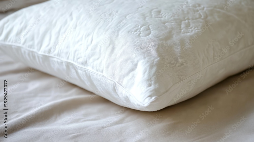 Obraz premium Soft white pillow on smooth bed sheets closeup view