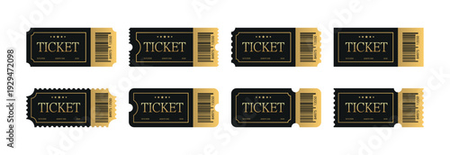 A set of vector tickets isolated on a white background. The ticket templates are designed in black and gold.