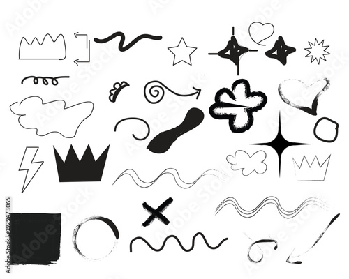 Collection of abstract black and white graphic symbols and shapes