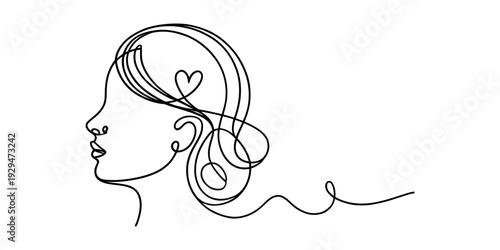Minimalist continuous line drawing of a woman's profile with a heart in her hair, symbolizing self-love and emotion Vector, illustration