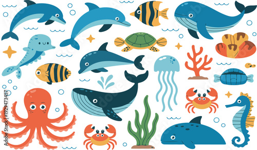 Underwater Sea Animals Illustration Set with Whale Dolphin Shark Fish Octopus and Marine Life Elements