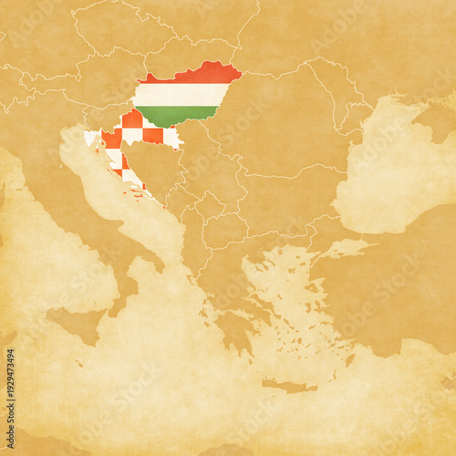 Ocher map of Balkans - Hungary and Croatia