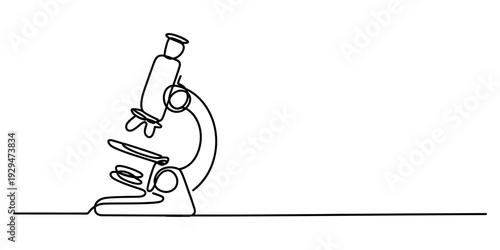 Continuous line drawing of a scientific microscope used for research and laboratory analysis. Vector, illustration