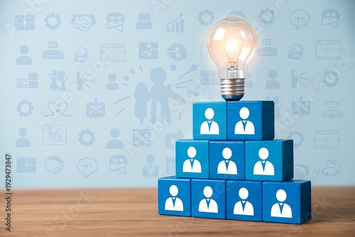 Business growth pyramid with lightbulb and people icons