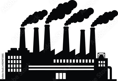 Vector illustration of an industrial power plant silhouette with smoke rising over a black city skyline and urban factory buildings symbolizing manufacturing and pollution