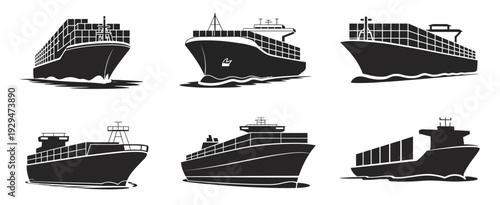 Silhouette vector set of cargo ships in various angles, ideal for logistics, import-export, marine transportation, shipping, and freight industry design projects.