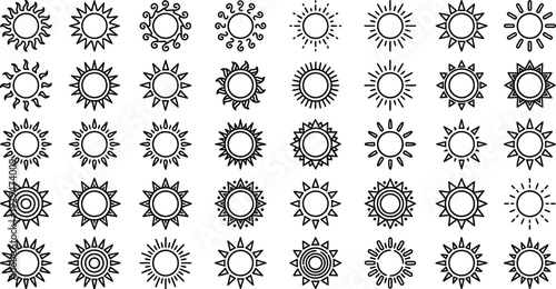 Set of 40 Black and White Sun Icon Designs – Various Stylized Sunburst and Solar Symbols in Vector Style