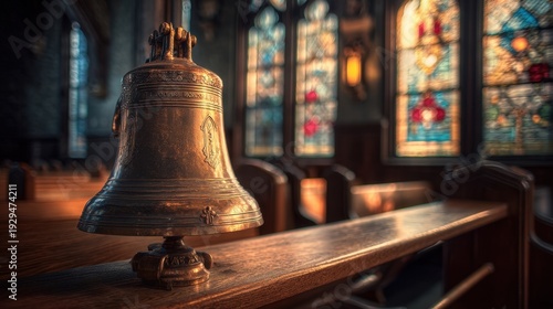 Antique Church Bell with Detailed Engraving in Historic Chapel Surrounded by Beautiful Stained Glass Windows