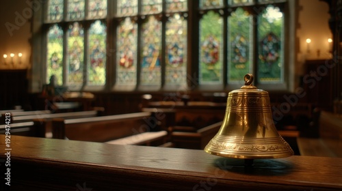 Golden Bell in Historic Chapel with Colorful Stained Glass Windows and Wooden Pew Seating in Peaceful Atmosphere