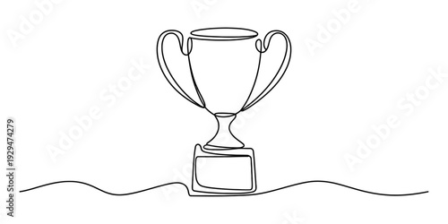 Minimalist one line drawing of a winner trophy cup on a pedestal for success and achievement. Vector, illustration
