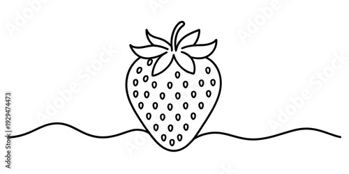 Simple black and white line drawing of a single strawberry on a wavy horizontal line background Vector, illustration