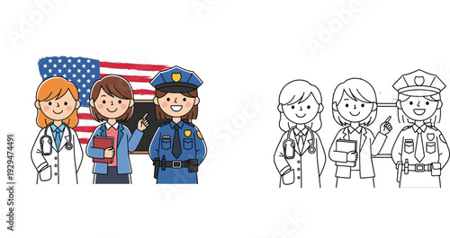 American Women Professionals: Doctor, Teacher, and Police Officer with US Flag