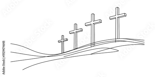 Simple minimalist line drawing of four christian crosses standing on a hill in a landscape Vector, illustration