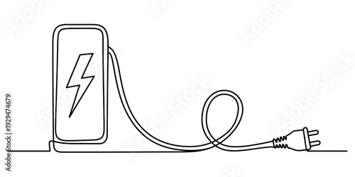 Minimalist one line art of a mobile phone battery charging with a power cable and electrical plug. Vector, illustration
