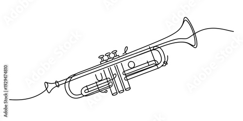 A simple black and white line drawing of a musical trumpet instrument on a plain white background. Vector, illustration