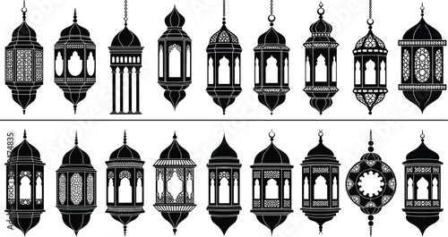 Islamic Lantern Silhouette Collection with Ornate Arabic Hanging Lamps, Ramadan Fanous Designs, Vintage Metal Cutout Patterns, and Decorative Black Icons