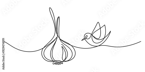 Continuous line drawing of a garlic bulb and a small bird perched on a wavy line. Vector, illustration