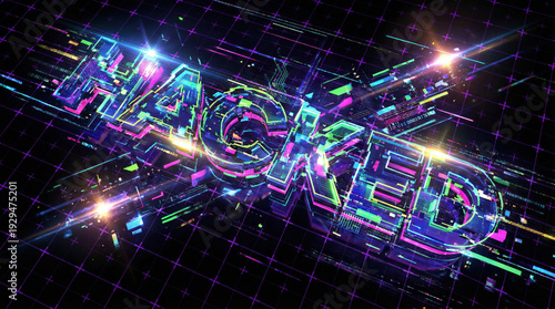 Futuristic neon hacked text on a digital grid representing a cyber security breach and data theft.