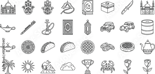 PrintMiddle Eastern Culture Outline Icon Set with Mosque, Hamsa Hand, Quran, Lantern, Camel, Tea Pot, Hookah, Desert, and Traditional Symbols