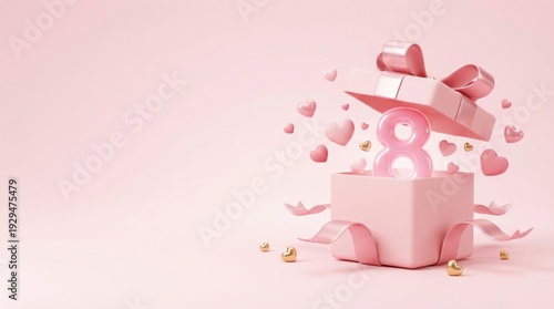 Pink Gift Box with Number 8 and Hearts for International Womens Day.