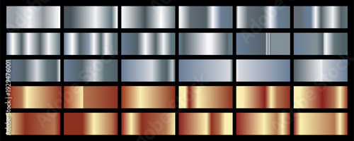 Silver and orange bronze glossy gradient, metal foil texture. Color swatch set. Collection of high quality vector gradients. Shiny metallic background. Design element.