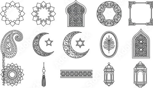 Islamic Ornamental Frame and Crescent Vector Set with Arabic Geometric Patterns, Mosque Arch Windows, Decorative Lanterns, and Vintage Line Art Elements