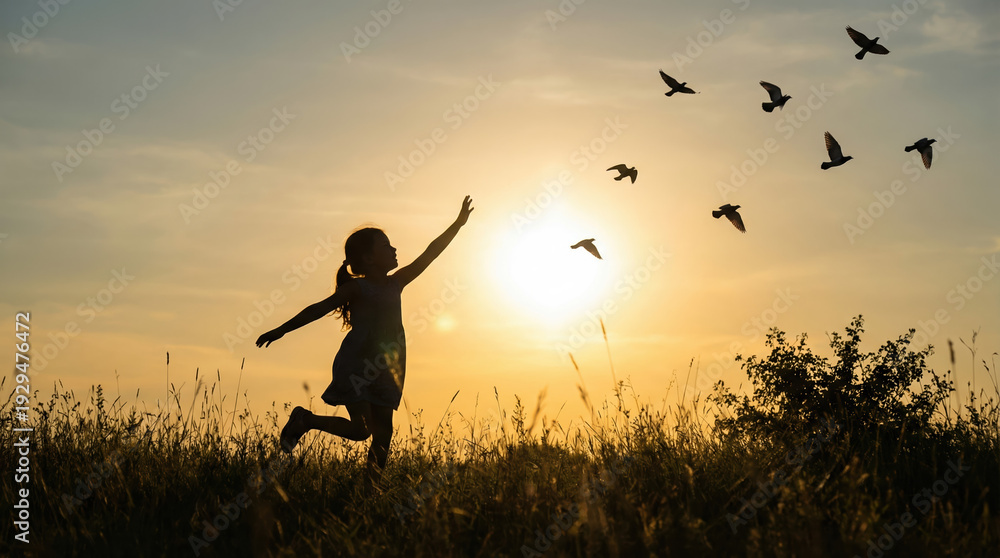Naklejka premium Silhouette of a young girl running through a field at sunset while reaching toward a flock of birds.
