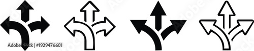 Choice between three roads icons. Three-way directional arrow collection. Way, road, direction, branching, arrows - stock vector. isolated on transparent background 