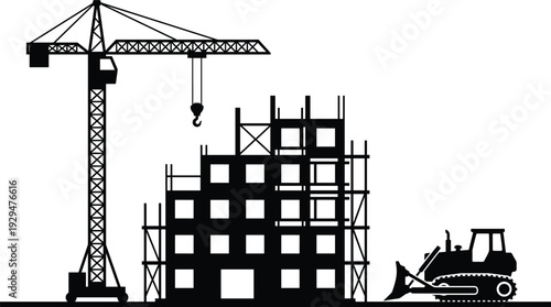 Construction crane and building silhouette, urban development site with scaffolding structure and bulldozer machinery in black and white illustration