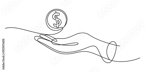 Hand holding a dollar coin in one continuous line art style for finance and money concepts.