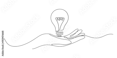 Minimalist one line art illustration of a hand gently holding a glowing light bulb for innovation Vector, illustration