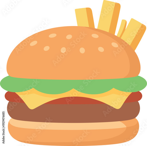 Delicious burger with fries sticking out of the top bun illustration
