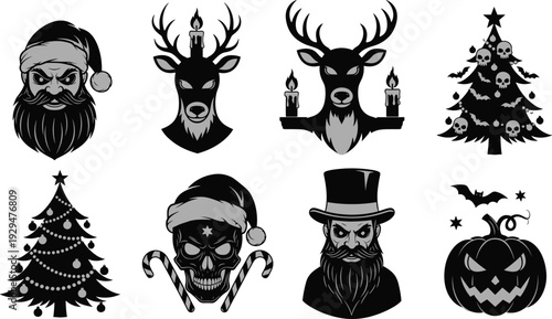 Black and white gothic vector illustrations blending Halloween and Christmas themes with skulls, Santa hats, eerie deer, festive trees, jack‑o’‑lanterns, and dark seasonal symbolism artwork