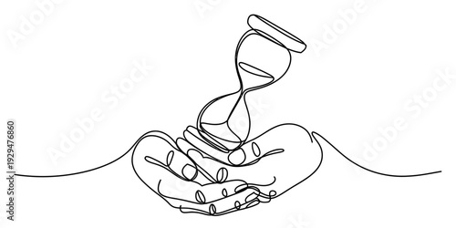 Continuous line drawing of cupped hands holding a tilted hourglass symbolizing time management. Vector, illustration