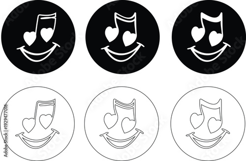 This black musical note with heart icon set features a clean and modern silhouette element that beautifully combines the universal symbol of music with a heart shape representing passion and emotion.