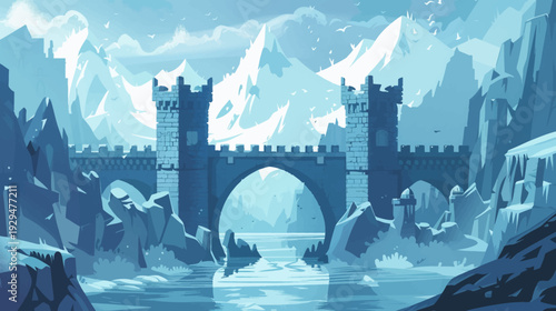 Blue-toned illustration of a castle bridge in a winter landscape with birds flying