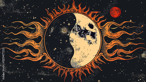 Celestial artwork of a yin-yang moon encircled by the sun, starry sky, and a red planet