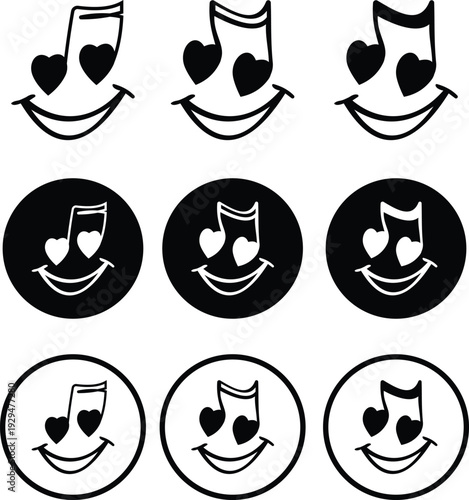 This black musical note with heart icon set features a clean and modern silhouette element that beautifully combines the universal symbol of music with a heart shape representing passion and emotion.