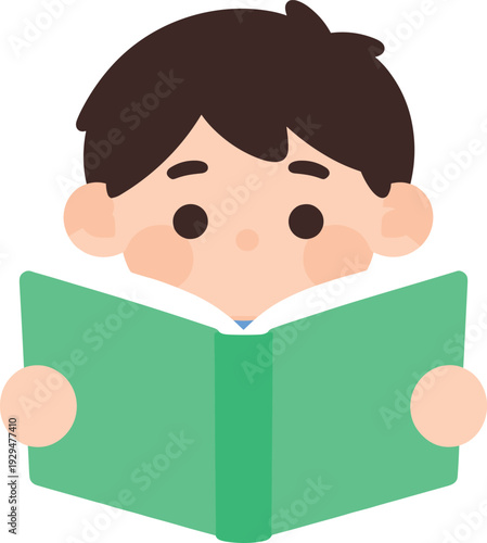 Illustration of a boy absorbed in reading a book with a simple and flat design