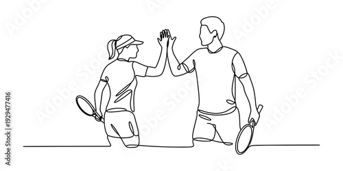 Continuous line drawing of a male and female tennis player giving a high five after a match. Vector, illustration
