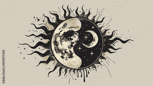 A vintage-style illustration of the sun and moon, embracing yin-yang with stars and drips
