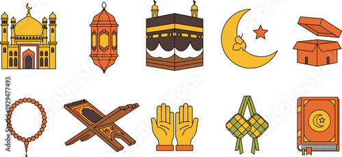 Islamic Ramadan and Eid Vector Icon Set with Mosque, Kaaba, Crescent Moon, Lantern, Prayer Beads, Quran, Ketupat, and Worship Symbols